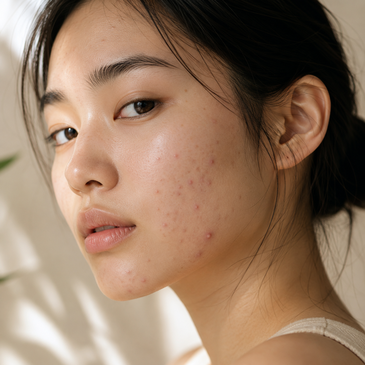 Young woman with naturally textured skin representing acne and breakout concerns.