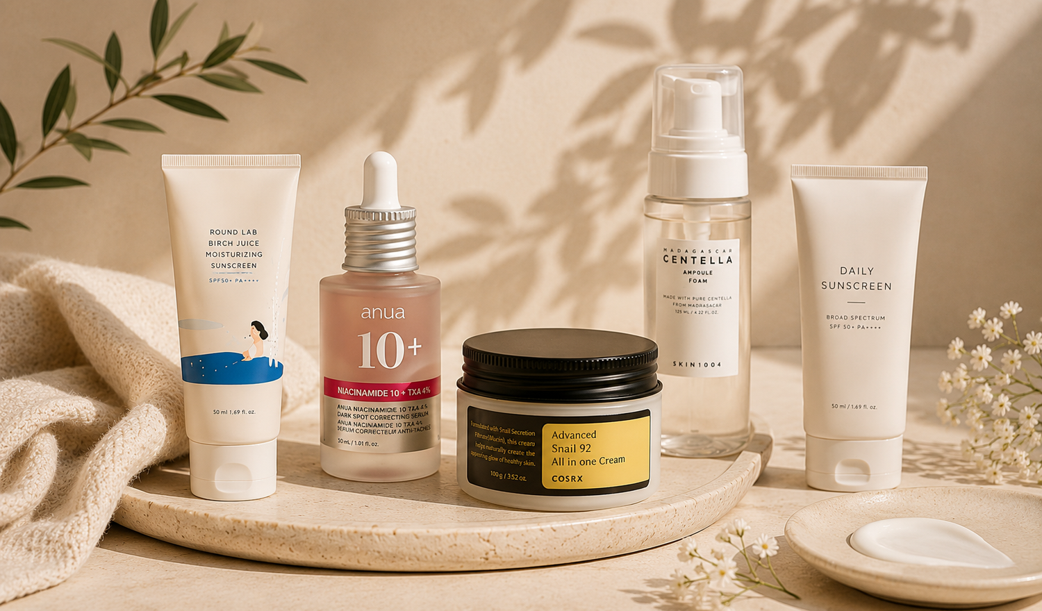 Editorial flat lay featuring Aluna's favorite Korean skincare products in a premium neutral setting.