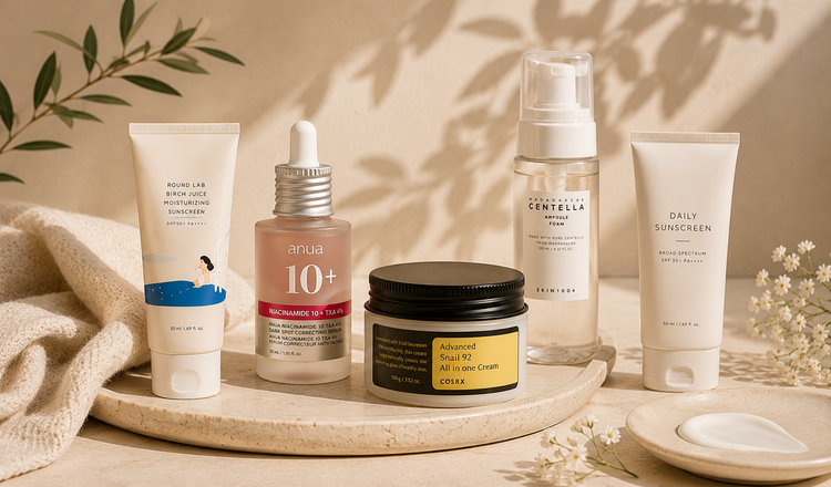 Editorial flat lay featuring Aluna's favorite Korean skincare products in a premium neutral setting.