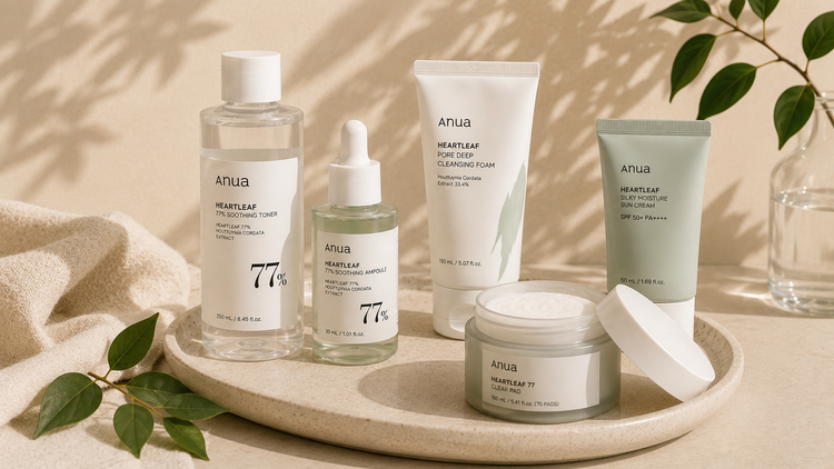 Anua Korean skincare products arranged in a minimalist skincare setting