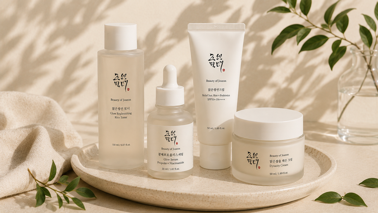 Beauty of Joseon Korean skincare products displayed in a minimalist skincare setting