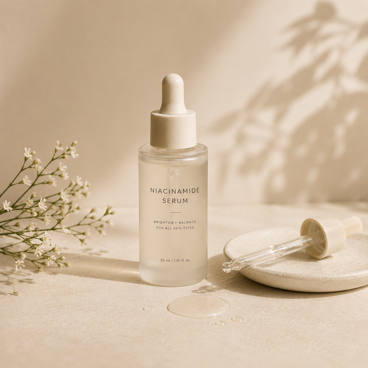 Editorial Korean skincare serum image representing the treatment step of a simple daily skincare routine.
