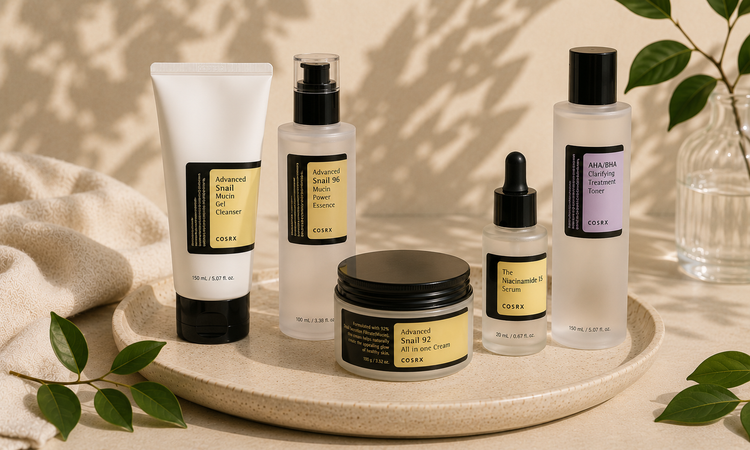 COSRX Korean skincare products including cleansers, serums, moisturizers, toners, and treatments arranged in a minimalist skincare setting.
