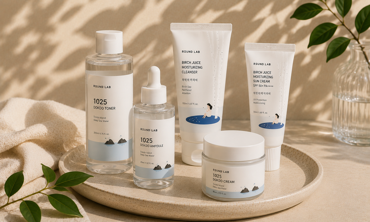 Round Lab Korean skincare products including toner, cleanser, moisturizer, sunscreen, and serum displayed in a minimalist natural skincare setting.
