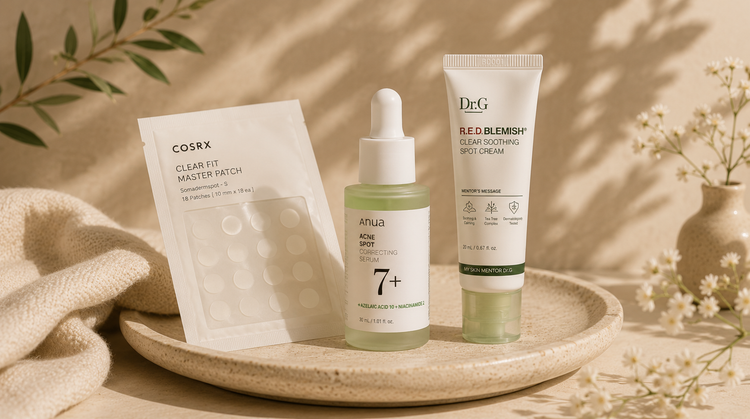 Editorial flat lay featuring Korean skincare spot treatments for blemish-prone skin in a premium neutral setting.