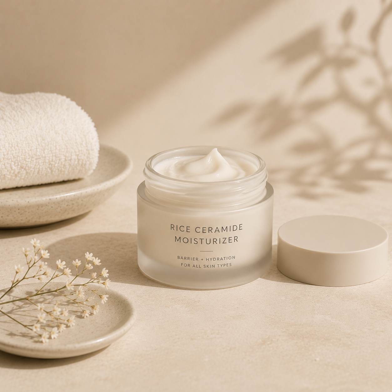 Editorial Korean skincare moisturizer image representing the moisturizing step of a simple daily skincare routine.