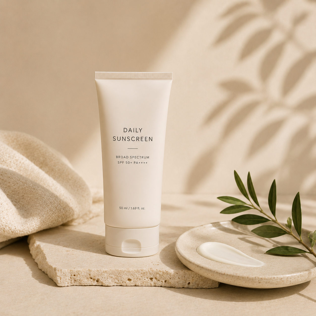 Editorial Korean skincare sunscreen image representing the daily protection step of a simple skincare routine.