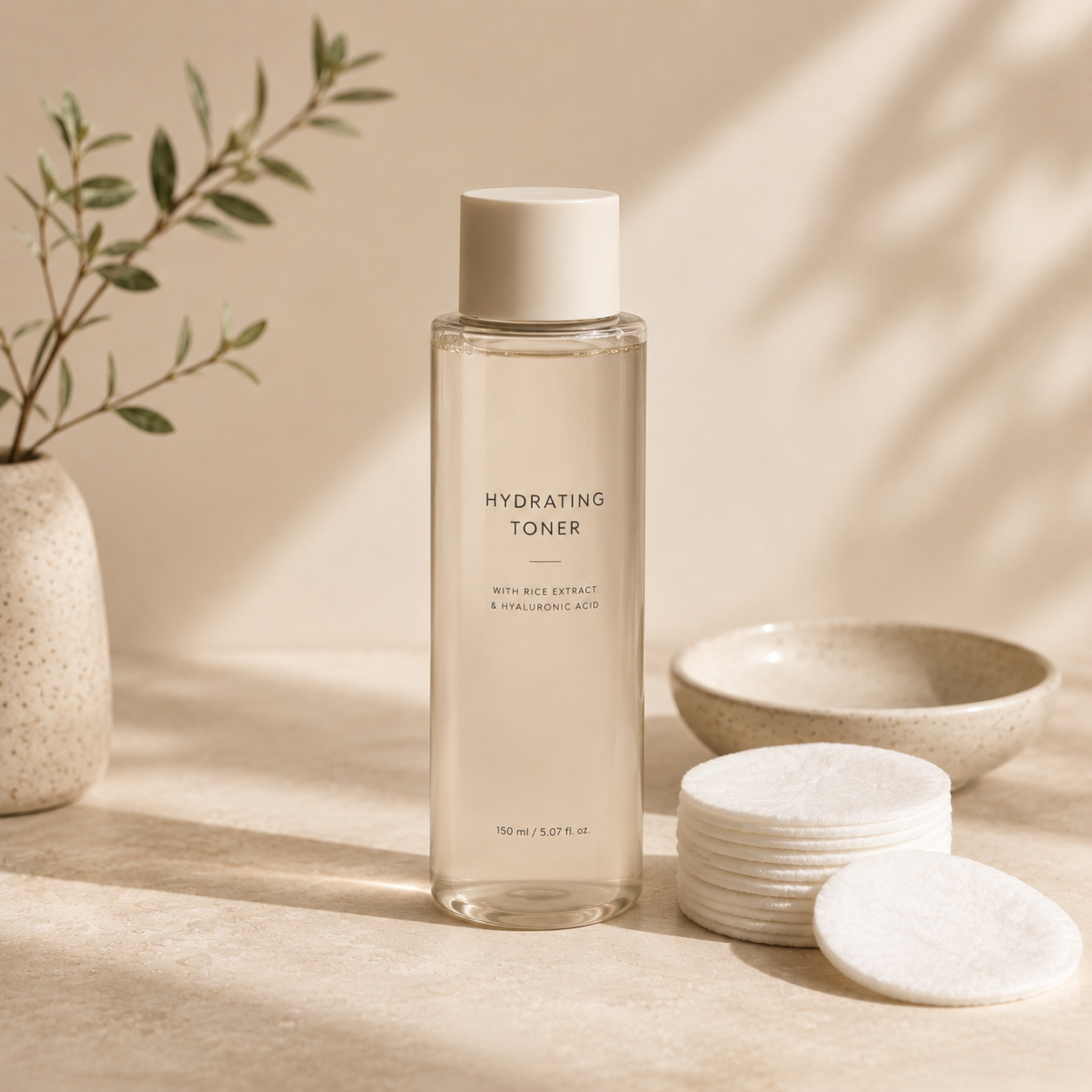 Editorial Korean skincare toner image representing the balancing step of a simple daily skincare routine.
