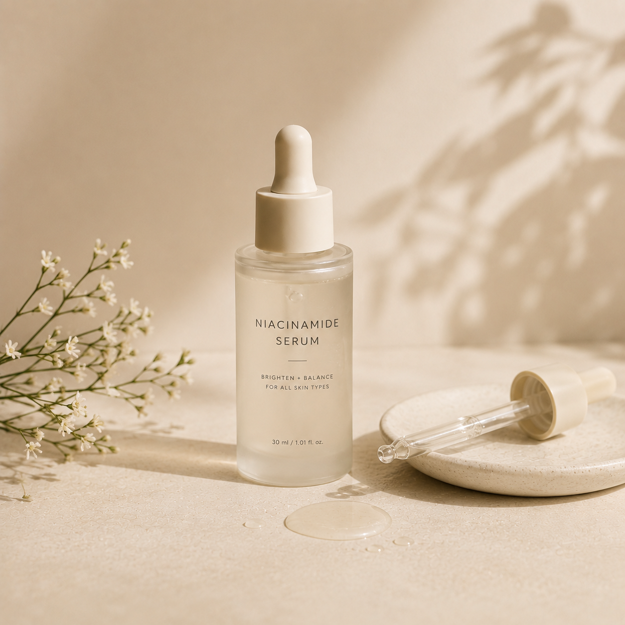 Editorial Korean skincare serum image representing the treatment step of a simple daily skincare routine.
