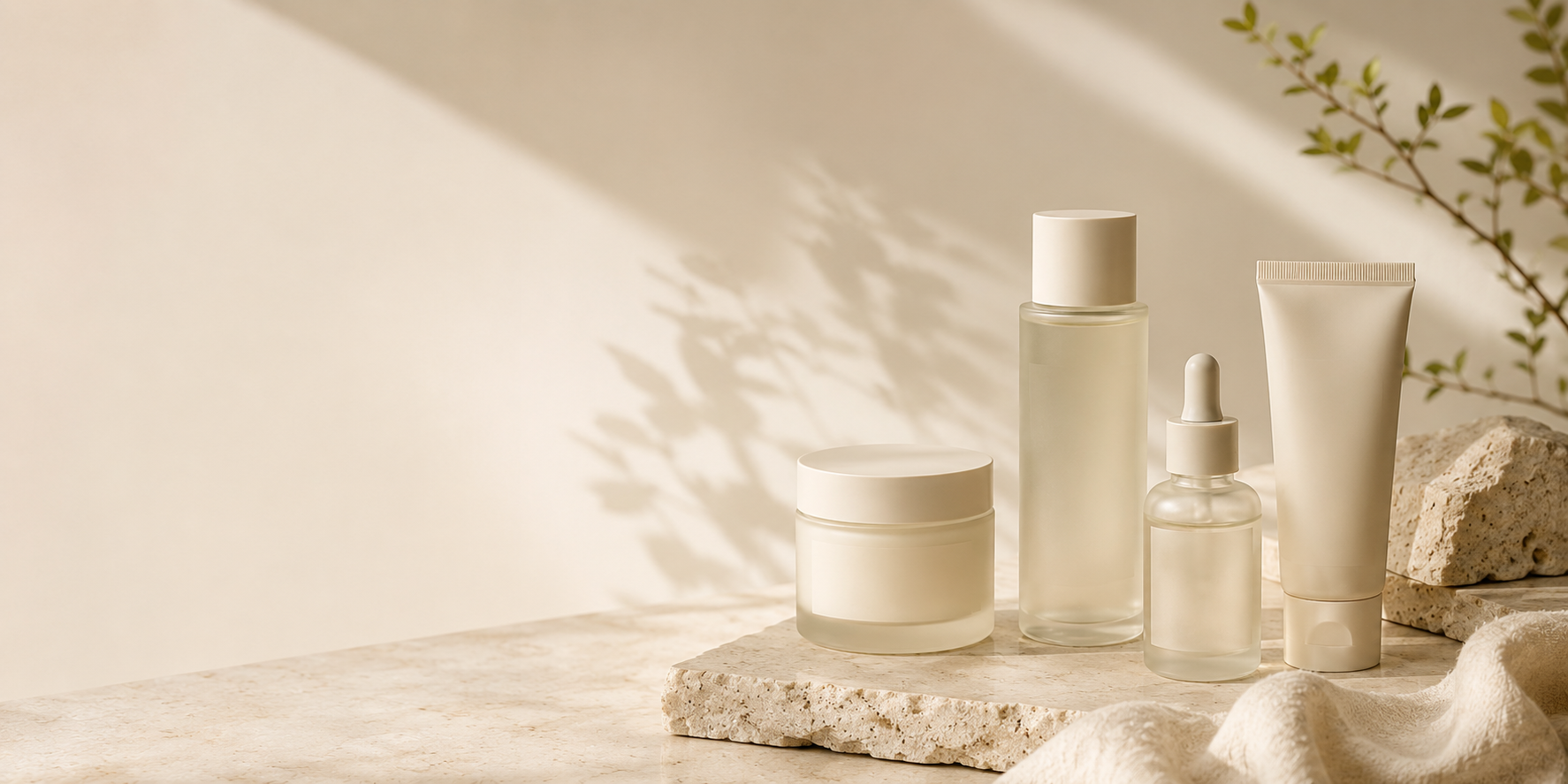 Minimalist Korean skincare products arranged in a premium natural setting with soft morning light, representing simple, effective skincare and healthy-looking radiant skin.