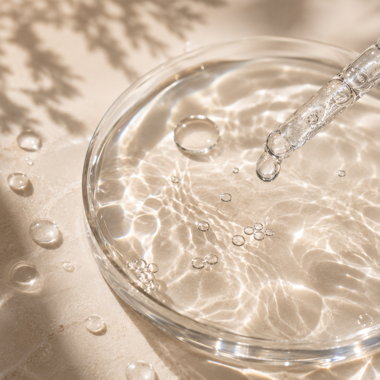 Editorial composition featuring Hyaluronic Acid-inspired skincare with translucent water textures representing deep hydration and healthy-looking skin.