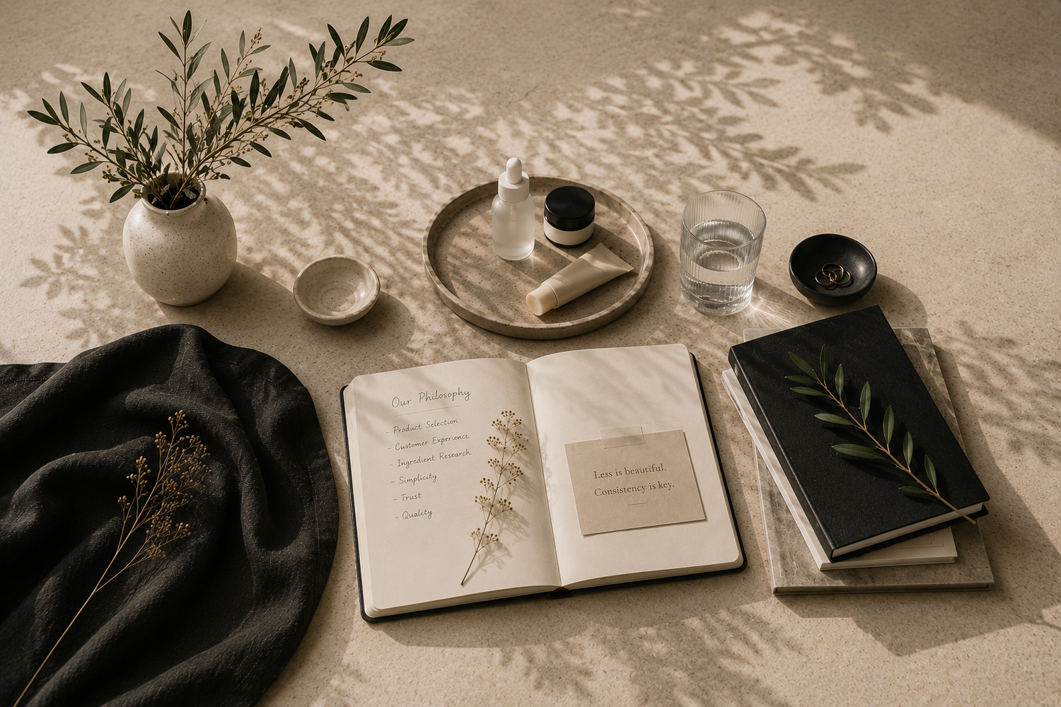 Editorial still life featuring a minimalist Korean skincare routine with neutral skincare products, an open philosophy journal, ceramic accessories, olive branches, and natural light representing Aluna's thoughtful approach to skincare.
